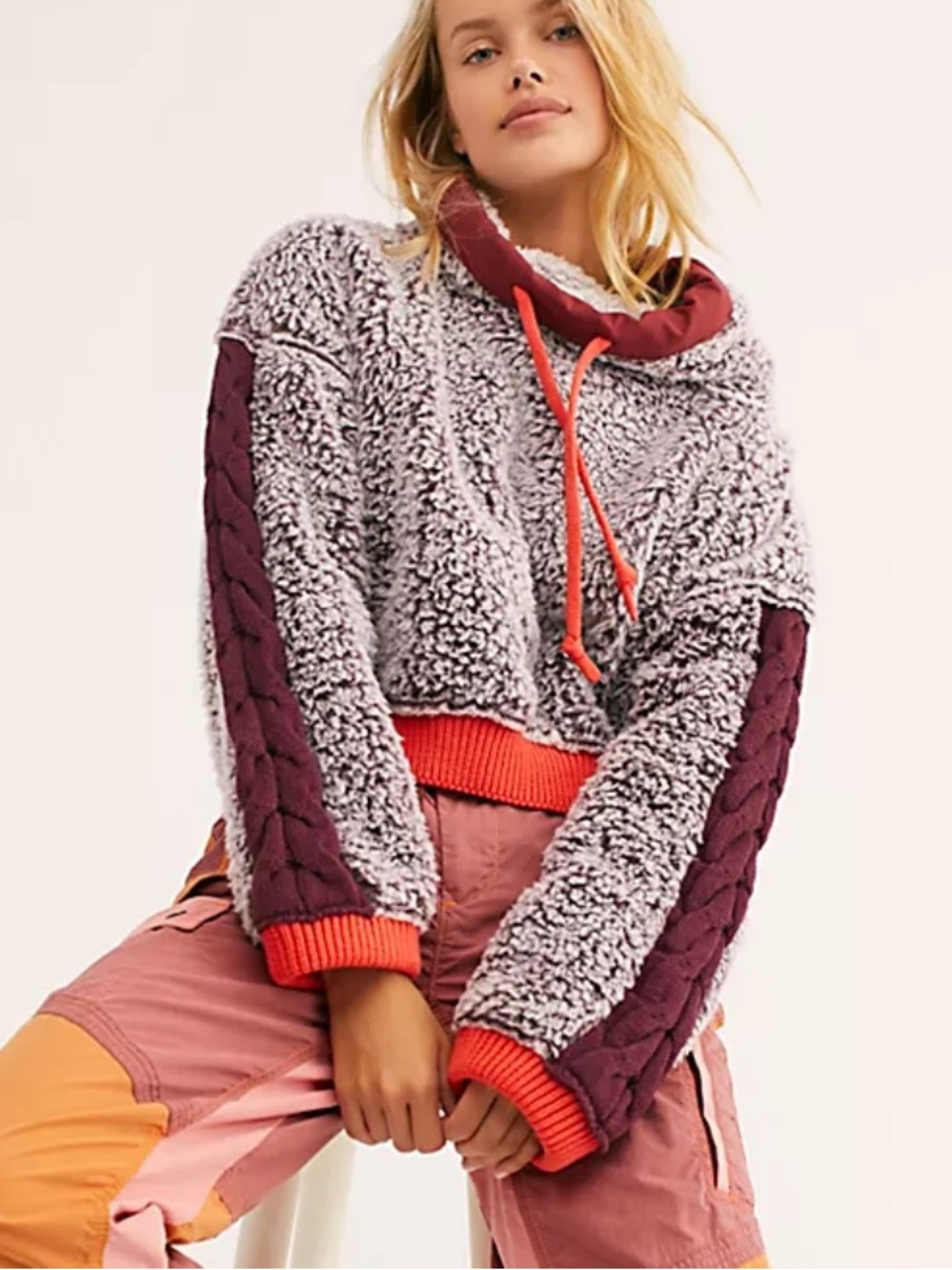 Free People Wild Heart Fleece Pullover in Gray & Burgundy with Coral Accents